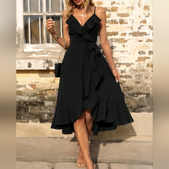 New Boho Ruffle Cami Wrap Slip Dress High Low Black - Picture 5 of 8